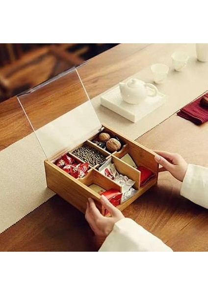 Akrilik Şeffaf Kapaklı Bambu 6 Bölmeli Çay Kutusu -%100 Orjinal Bambu Şeffaf Kapak (22CM*22CM*10CM) fiyatları