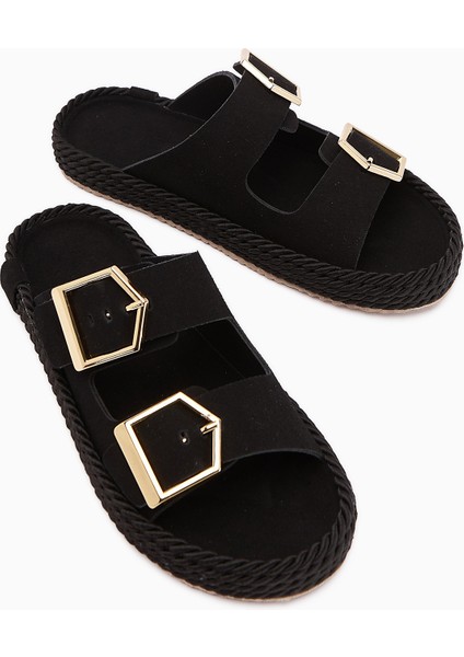 Horia Siyah Çift Bantlı Örgü Tabanlı Kadın Terlik