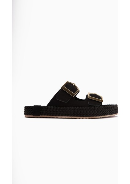 Horia Siyah Çift Bantlı Örgü Tabanlı Kadın Terlik modelleri