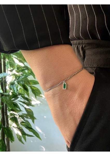 Silver Erkek Zincir Bileklik Paslanmaz Çelik Renk Atmaz Unısex Kararmaz Çelik Bileklik Yeşil Taşlı