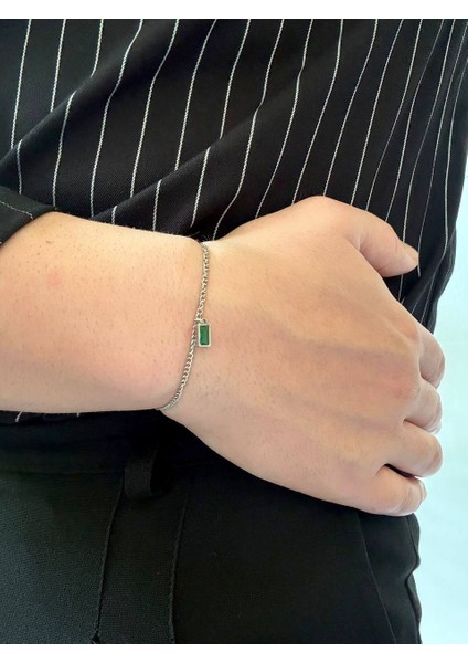 Silver Erkek Zincir Bileklik Paslanmaz Çelik Renk Atmaz Unısex Kararmaz Çelik Bileklik Yeşil Taşlı indirimleri