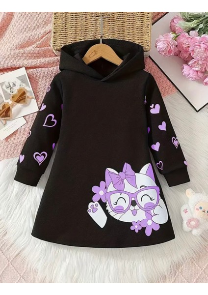 Özel Tasarım Kapüşonlu Kediciğin Kalpleri Baskılı Şardonlu Kışlık Modern Kız Çocuk Hoodie Elbise