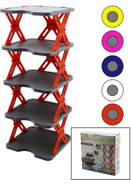 Yeni Nesil Akordiyon - Katlanır - 5 Katlı Plastik Ayakkabılık Gri TABAN-27X27CM - Renkli Ayaklar (5256)