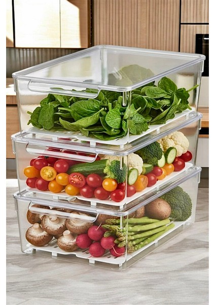 Lüks 3'lü Süzgeçli Kapaklı Buzdolabı Düzenleyici | Saklama Kabı | Dolap Içi Düzenleyici Organizer |