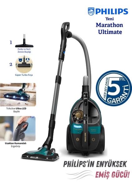 Marathon Ultimate LED Işıklı Başlık, Kumandalı Kontrol Toz Torbasız Süpürge Allergy H13 Filtreli Temizlik + Turbo Başlık Hediyeli