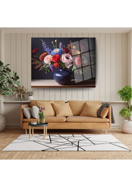 Vazo Içinde Klasik Çiçek Buketi Yağlı Boya Efektli Temperli Cam Tablo - Antik Mavi Duvar Dekoru