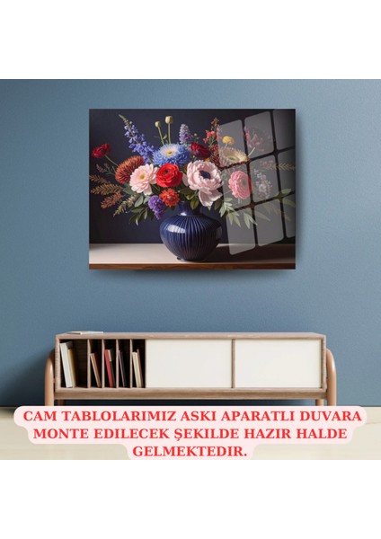 Vazo Içinde Klasik Çiçek Buketi Yağlı Boya Efektli Temperli Cam Tablo - Antik Mavi Duvar Dekoru fiyatları