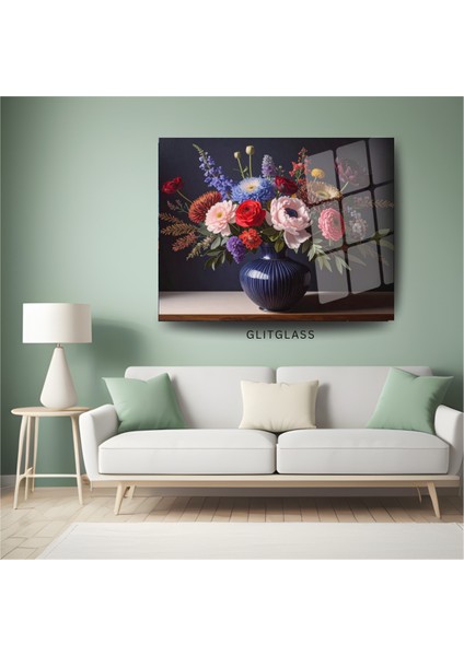 Vazo Içinde Klasik Çiçek Buketi Yağlı Boya Efektli Temperli Cam Tablo - Antik Mavi Duvar Dekoru modelleri