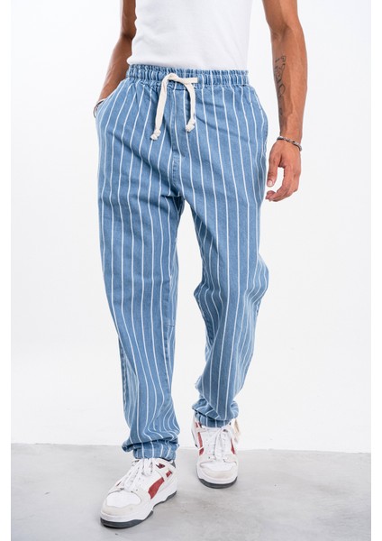 Erkek Koyu Mavi Çizgili Bol Pantolon Gabardin