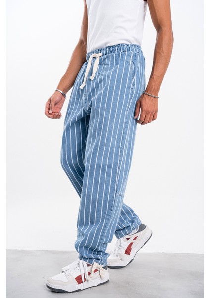 Erkek Koyu Mavi Çizgili Bol Pantolon Gabardin fırsatları