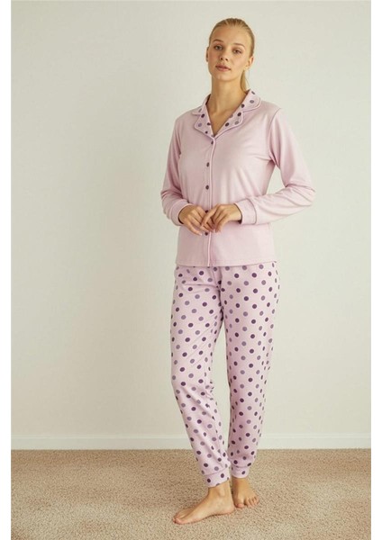Toz Pembe Puan Desenli Termal Önden Düğmeli Uzun Kollu Kadın Pijama Takımı fırsatları