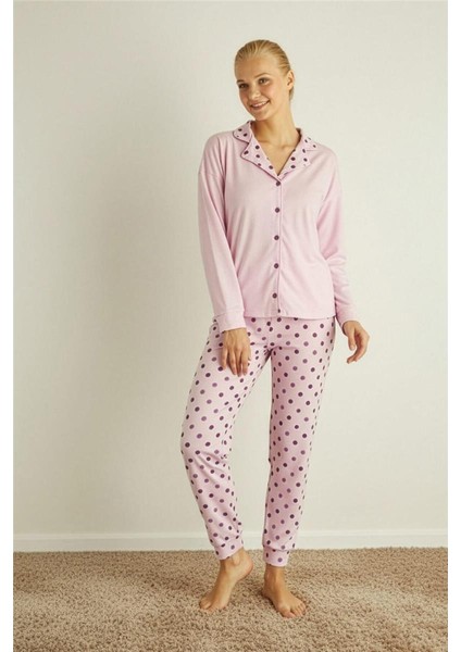 Toz Pembe Puan Desenli Termal Önden Düğmeli Uzun Kollu Kadın Pijama Takımı indirimleri