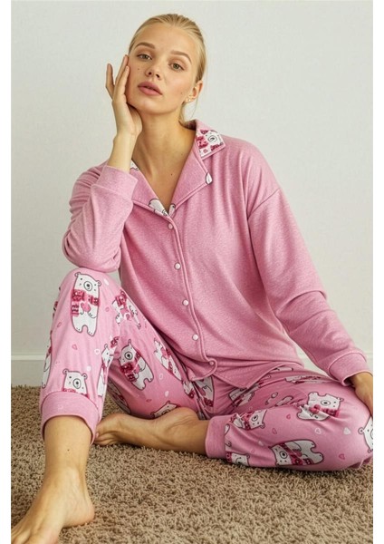 Pembe Bear Desenli Termal Önden Düğmeli Uzun Kollu Kadın Pijama Takımı