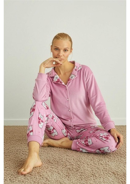Pembe Bear Desenli Termal Önden Düğmeli Uzun Kollu Kadın Pijama Takımı fiyatları
