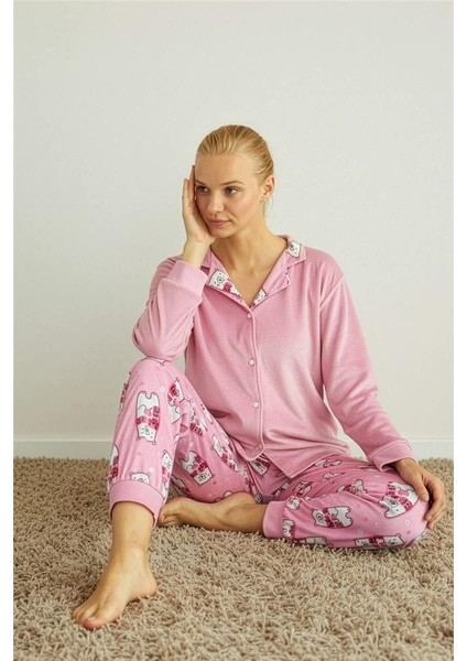 Pembe Bear Desenli Termal Önden Düğmeli Uzun Kollu Kadın Pijama Takımı modelleri