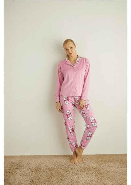 Pembe Bear Desenli Termal Önden Düğmeli Uzun Kollu Kadın Pijama Takımı fırsatları