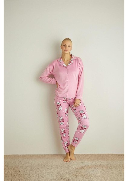 Pembe Bear Desenli Termal Önden Düğmeli Uzun Kollu Kadın Pijama Takımı indirimleri