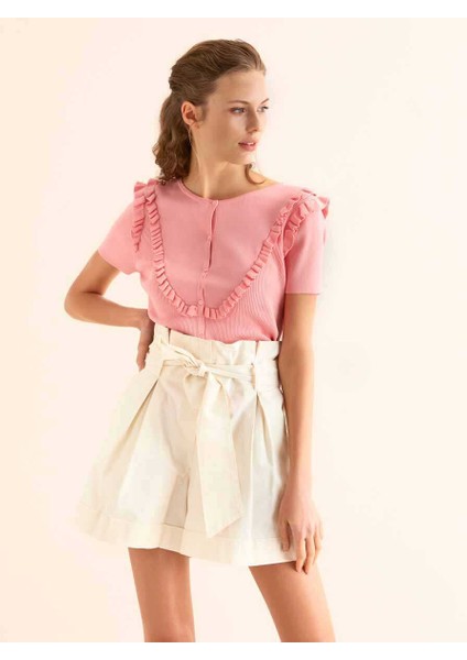 Kuşaklı Kadın Şort Kemik Y9912604_019