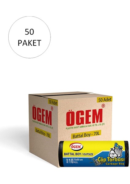Battal Boy Çöp Torbası 75 x 90 cm 10 Lu Rulo x 50 Paket = 500 Adet (Siyah)