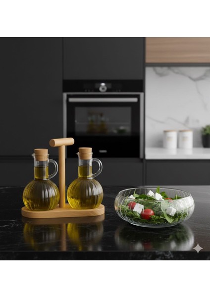 Ahşap Standlı Zeytinyağı Sirkelik ve Modern Büyük Boy Cam Servis Kasesi Seti