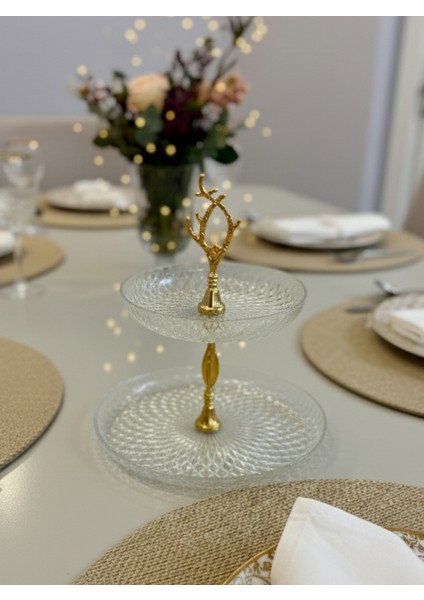 Altın Yaldızlı, 2 katlı, Cam Kurabiye, Lokumluk, Kek, Kahve Sunum Standı – 12 ve 16 cm Şık Tasarım Misafir Sunumları Için Zarif Seçim