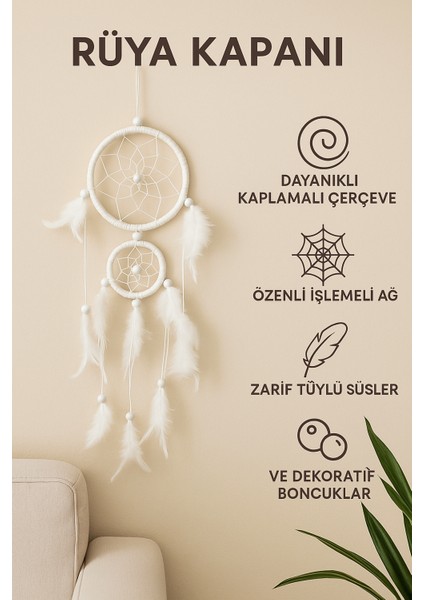 El Yapımı Beyaz Tüylü Iki Halkalı Rüya Kapanı – Kötü Rüyaları Uzaklaştıran Düş Kapanı