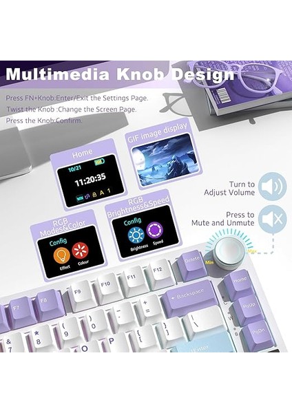 AK820PRO 75% Tkl Mekanik Oyun Klavyesi,2.4g Kablosuz/bt5.1/usb-C Kablolu,tft Renkli Ekran ve Cnc Düğmeli 81 Tuş,rgb Aydınlatma-Mor Beyaz fırsatları