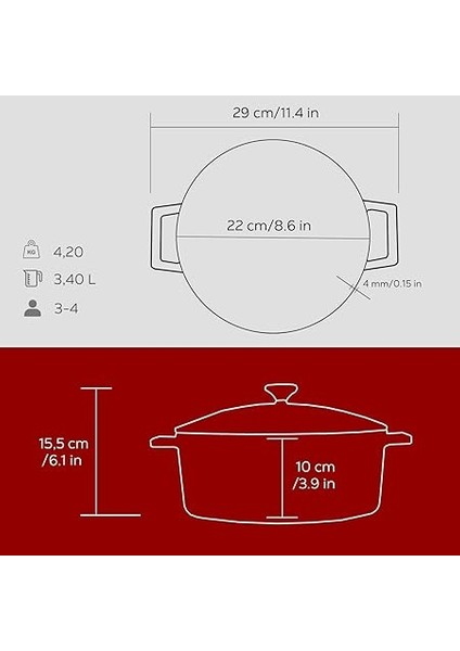 Metal Döküm Yuvarlak Tencere, 22 Cm, Kırmızı indirimleri
