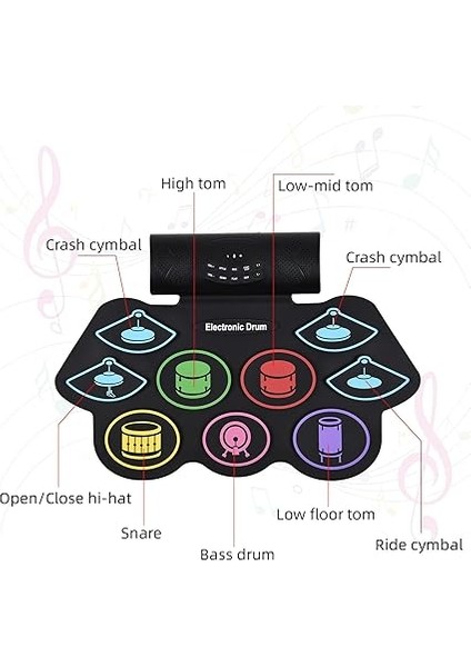 Elektronik Davul Seti El Rulo Davul Seti Vurmalı Çalgı 9 Ped Bt Sopalarla Harici Ayak Pedalı Mıdı Arayüzü Hoparlör Tatil Doğum Günü Hediyesi Renkli Uygulama Pedi Bateri Seti indirimleri