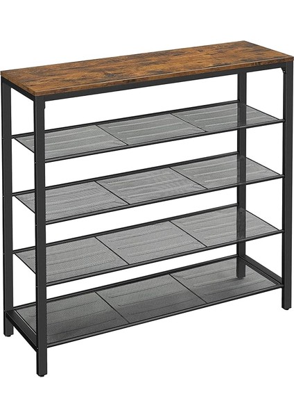 Ayakkabı Rafı, Ayakkabı Rafı, 4 Izgaralı ve Geniş Yüzeyli Cepler Için, Giriş Alanı, Koridor, Metal, Endüstriyel Tasarım, 30 x 100 x 92,5 Cm, Vintage Kahverengi-Siyah LBS15BX