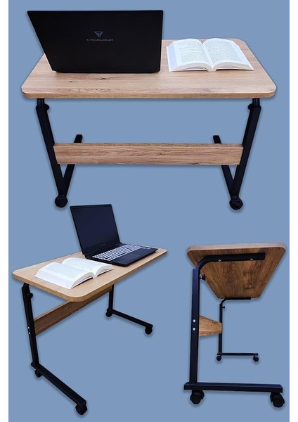 Laptop Sehpası ve Çalışma Masası Yükseklik Ayarlı Tekerlekli Oval Kenar (80 Lik Sehpa)