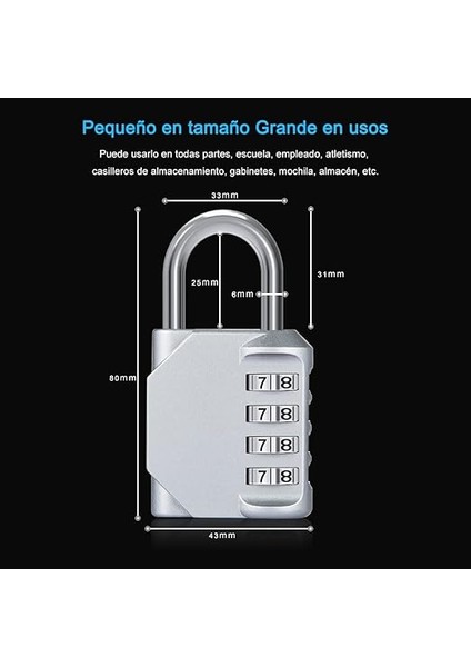 Kombinasyon Asma Kilit, 2 Paket 4 Haneli Şifreli Kilit, Hava Koşullarına Dayanıklı Metal ve Kaplamalı Çelik (Gümüş) modelleri