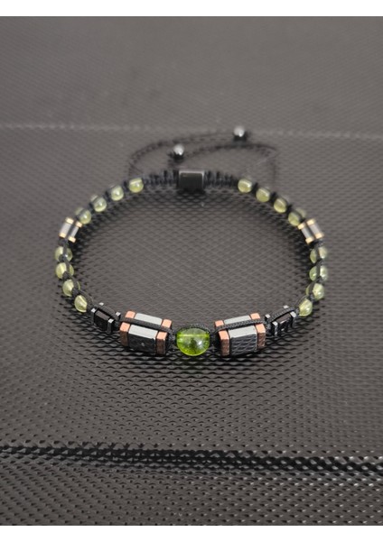 Zebercet(Peridot)-Damla Kehribar-Hematit Doğaltaş Bileklik Takı Aksesuar Erkek Bileklik