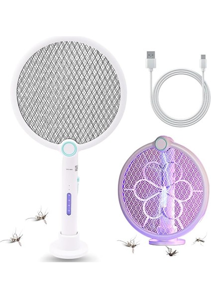 Elektrikli Sinek Raketi, Ekstra Güçlü, 4000 V, 2'si 1 Arada USB Katlanabilir Sinek Raketi, Elektrikli, 1200 Mah Şarj Edilebilir Pil, LED Işık, Uv Işık Tuzağı, 3 Katmanlı Koruma Ağı, Beyaz