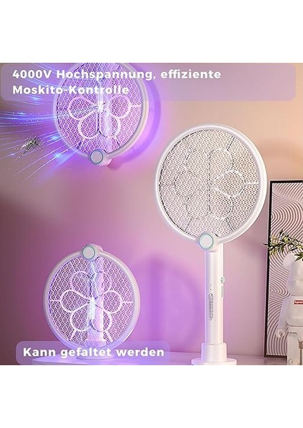 Elektrikli Sinek Raketi, Ekstra Güçlü, 4000 V, 2'si 1 Arada USB Katlanabilir Sinek Raketi, Elektrikli, 1200 Mah Şarj Edilebilir Pil, LED Işık, Uv Işık Tuzağı, 3 Katmanlı Koruma Ağı, Beyaz modelleri