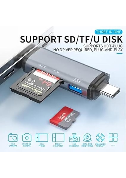 USB Otg Kart Okuyucu Type-C To USB Uçlu Pc Bilgisayar ve Notebook Uyumlu Mikro Sd Kart Okuyucu USB A To USB CADS-307 (3in1) fırsatları