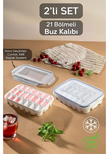 Home 2'li 21 Bölmeli Sızdırmaz Kilitli Buz Kalıbı Seti - Kapaklı Hava Geçirmez Buzluk - Vakumlu Buz Kabı