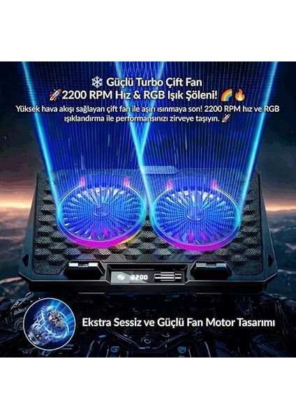 Odin Rgb Işıklı Gaming 2200RPM Çift Fan LED Display Laptop Notebook Soğutucu Stand fiyatları