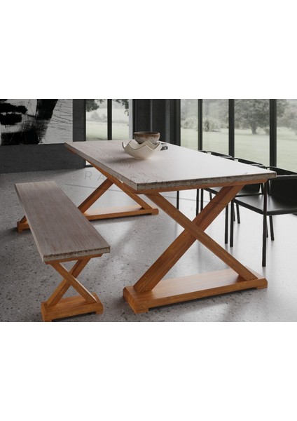 Wood Perla Doğal Ahşap Mutfak Masası Takımı – El Işçiliği Beyaz Eskitme & Açık Ceviz (Masa +1 Bank) 8 Kişilik