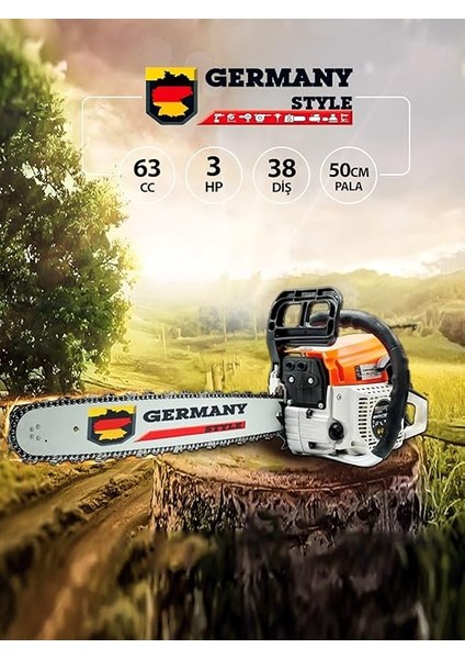Germany Style Alman Benzinli Testere 15 Hpx 63CC Ağaç Odun Dal Kesme Makinesi Motorlu Testere Yeni Nesil Motor 38 Diş fiyatları