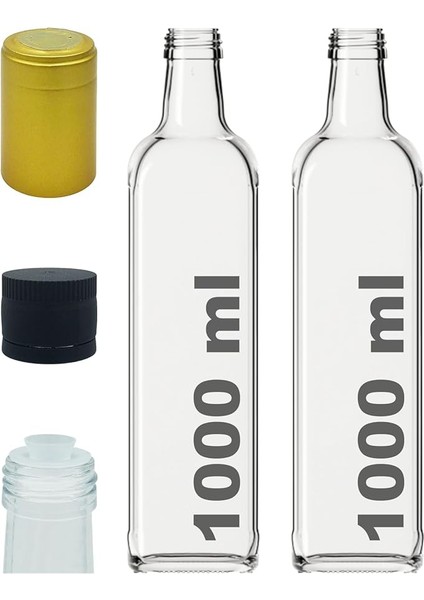 1000 ml Şeffaf Maraska Yağdanlık Kapaklı ve Kapüşonlu 1000 cc Köşeli Cam Şişe 2 Adet
