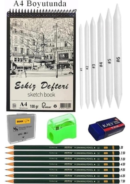 A4 Eskiz Defteri Spralli 50 Yaprak Karakalem Çizim Seti Gölgelendirme Kalemi Hamur Silgi Fatih Dereceli Kalem Hobi Tasarım Seti