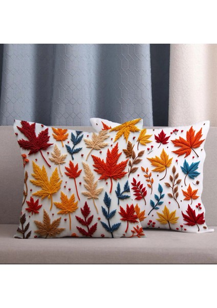 2 Li Kombin Punch Nakış Görünümlü Sonbahar Yaprak Desen Dijital Baskılı Kırlent Kılıfı