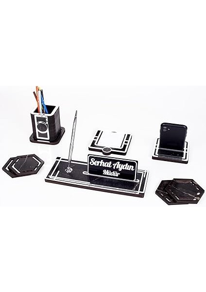 Space+Gümüş Kalemlik Ahşap Masa Isimliği Seti Mermer Desen Hediye Ofis Organizer Masa Üstü Isimlik modelleri