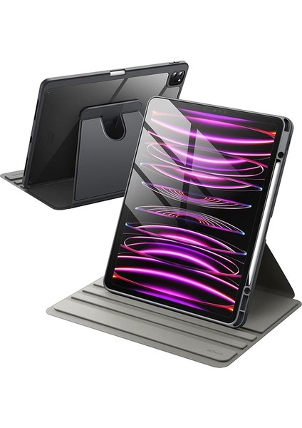 Dönen Kılıf Için iPad Pro 12.9 Inç (2022/2021/2020/2018) ile Pencil Tutucu, 360 Derece Dönebilen Koruyucu Stand Kapağı Şeffaf Arka, Otomatik Uyanma/uyuma (Uzay Grisi)