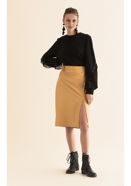 Yırtmaç Detaylı Kalem Etek Hardal K1915081_026