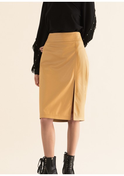 Yırtmaç Detaylı Kalem Etek Hardal K1915081_026 fiyatları