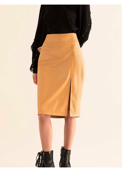 Yırtmaç Detaylı Kalem Etek Hardal K1915081_026