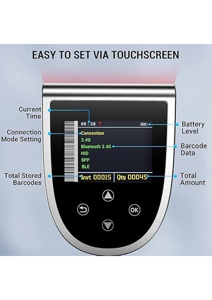 Pro 1d 2d Qr Barkod Tarayıcı Kablosuz: Dijital Ayar Ekranı ve Tuş Takımı ve Güç Anahtarı ile 2600MAH Büyük Pil Bluetooth 2.4g Kablosuz El Barkod Okuyucu ile Çalışır HW0015 Gümüş fiyatları