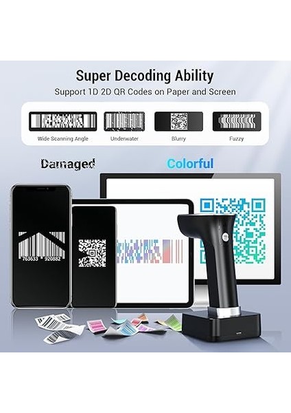 Pro 1d 2d Qr Barkod Tarayıcı Kablosuz: Dijital Ayar Ekranı ve Tuş Takımı ve Güç Anahtarı ile 2600MAH Büyük Pil Bluetooth 2.4g Kablosuz El Barkod Okuyucu ile Çalışır HW0015 Gümüş fırsatları